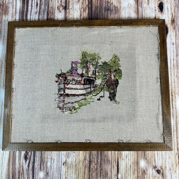 Vintage Cross Stitch Horse Ferry Boat Trees Water Complete Framed Finished 15x12 - Picture 8 of 11